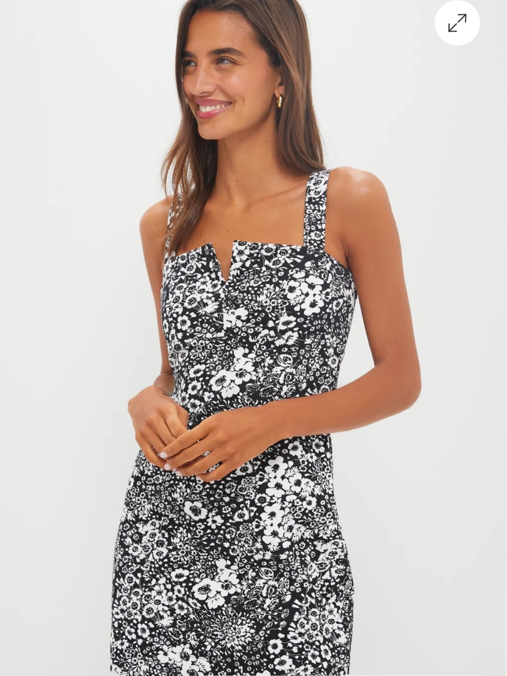 Black & White Floral Mini Dress with Square Neck